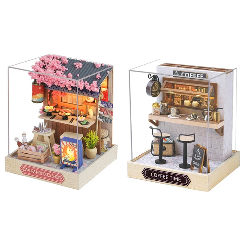 DIY Wooden Mini Casa Doll Houses Miniature Building Kits with Furniture LED Sakura Noodles Shop Dollhouse Toys for Friends Gifts