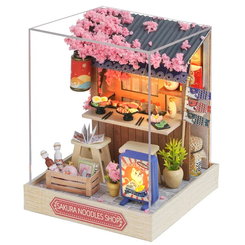 DIY Wooden Mini Casa Doll Houses Miniature Building Kits with Furniture LED Sakura Noodles Shop Dollhouse Toys for Friends Gifts