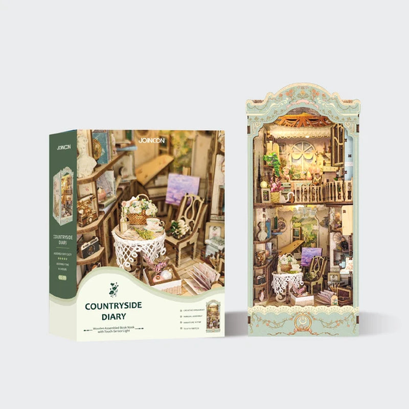 DIY Wooden Book Nook Shelf Insert Rural Diary House Bookshelf Miniature Model Building Kits Bookends Handmade Crafts Gifts