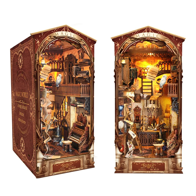 DIY Wooden Book Nook Shelf Insert Kit Miniature Building Kits Magic House Bookshelf with Light Bookends Friends Birthday Gifts