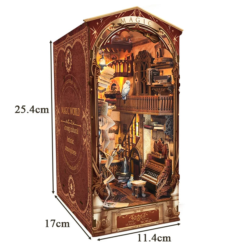 DIY Wooden Book Nook Shelf Insert Kit Miniature Building Kits Magic House Bookshelf with Light Bookends Friends Birthday Gifts