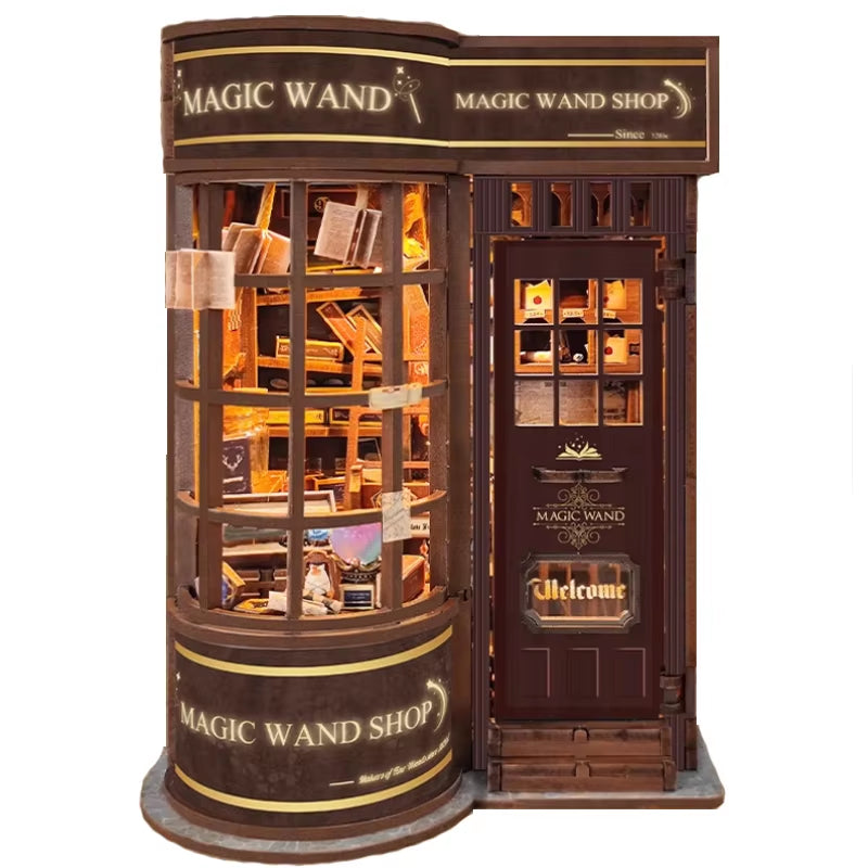 DIY Wooden Magic Wand Shop Book Nook Shelf Insert Miniature Model Kits Bookshelf with Light Bookend for Friends Birthday Gifts