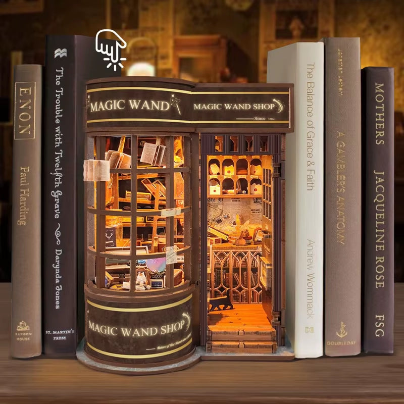 DIY Wooden Magic Wand Shop Book Nook Shelf Insert Miniature Model Kits Bookshelf with Light Bookend for Friends Birthday Gifts