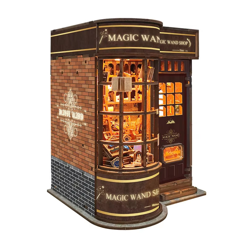 DIY Wooden Magic Wand Shop Book Nook Shelf Insert Miniature Model Kits Bookshelf with Light Bookend for Friends Birthday Gifts