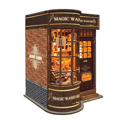 DIY Wooden Magic Wand Shop Book Nook Shelf Insert Miniature Model Kits Bookshelf with Light Bookend for Friends Birthday Gifts