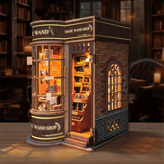 DIY Wooden Magic Wand Shop Book Nook Shelf Insert Miniature Model Kits Bookshelf with Light Bookend for Friends Birthday Gifts