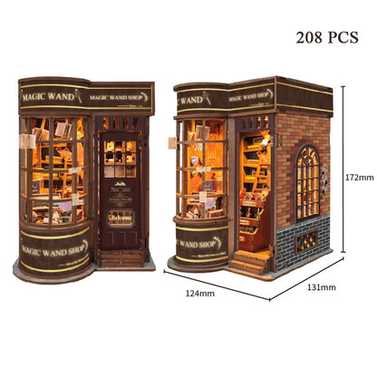 DIY Wooden Magic Wand Shop Book Nook Shelf Insert Miniature Model Kits Bookshelf with Light Bookend for Friends Birthday Gifts