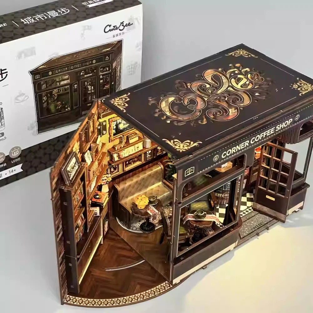 DIY Book Nook Kit Wooden Dollhouse with LED Lights 3D Magic Bookshelf Insert for Home Desk Decorative Display