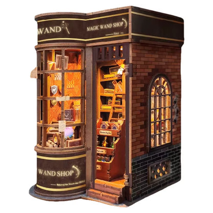 DIY Wooden Magic Wand Shop Book Nook Shelf Insert Miniature Model Kits Bookshelf with Light Bookend for Friends Birthday Gifts