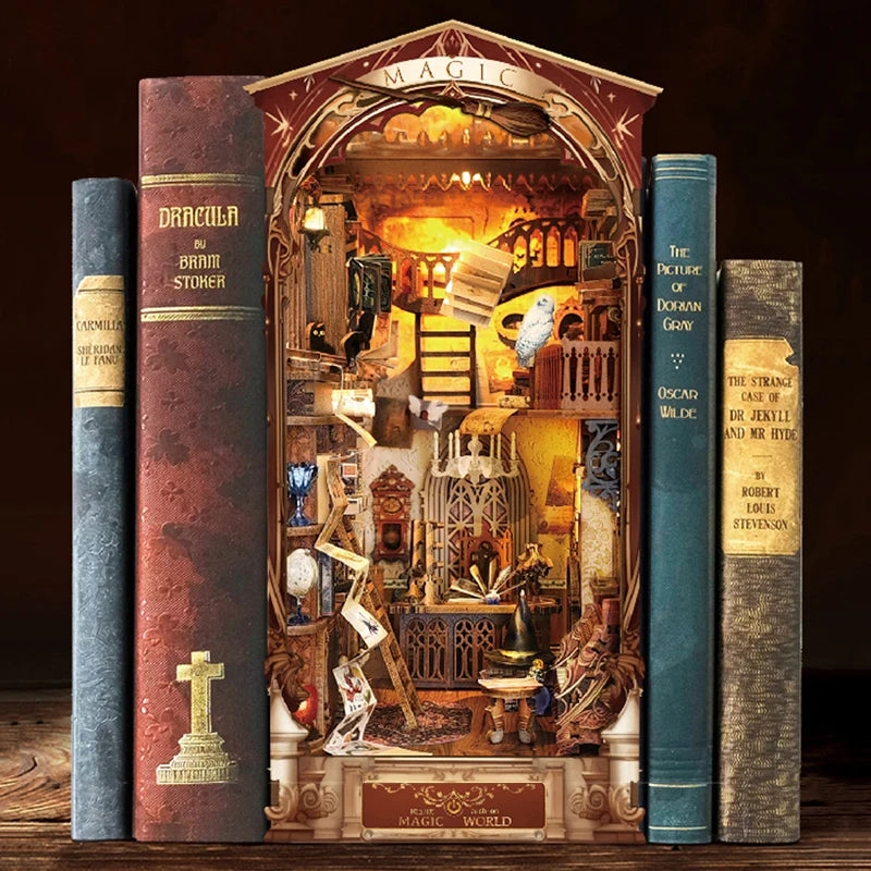DIY Wooden Book Nook Shelf Insert Kit Miniature Building Kits Magic House Bookshelf with Light Bookends Friends Birthday Gifts