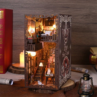 DIY Wooden Book Nook Shelf Insert Kit Miniature Building Kits Magic Study Room Bookshelf with LED Light Bookends Adults Gifts